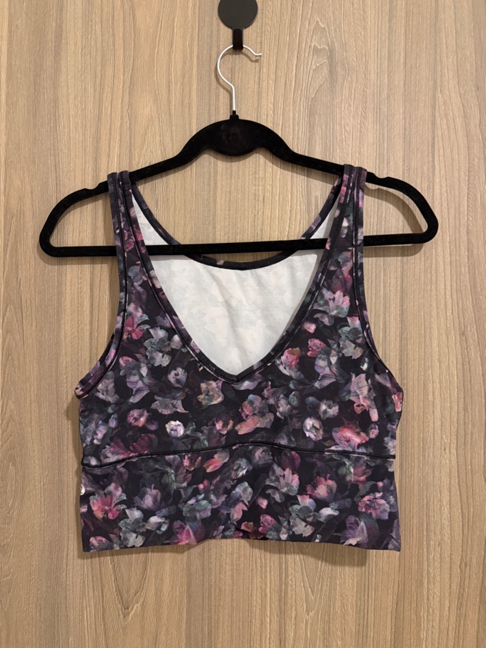 TWO LULULEMON tops( 1 Floral V-Neck Sports Bra Crop Top, 1 Black & Purple)